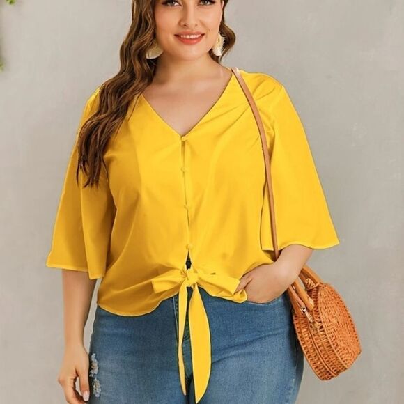 Shein Yellow V-Neck Button Front Blouse Sz 5XL - Picture 1 of 6